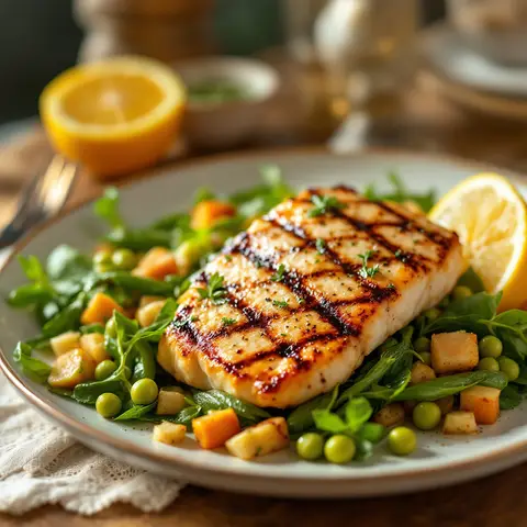 Poulpe grillé à la grecque, salade de fèves et épinards