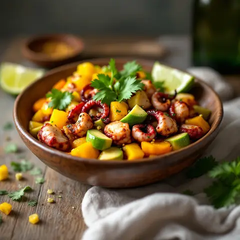 Poulpe sauté à la mexicaine, poivrons et avocat