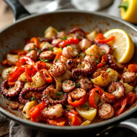 Poulpe sauté au paprika, fenouil et poivron rouge