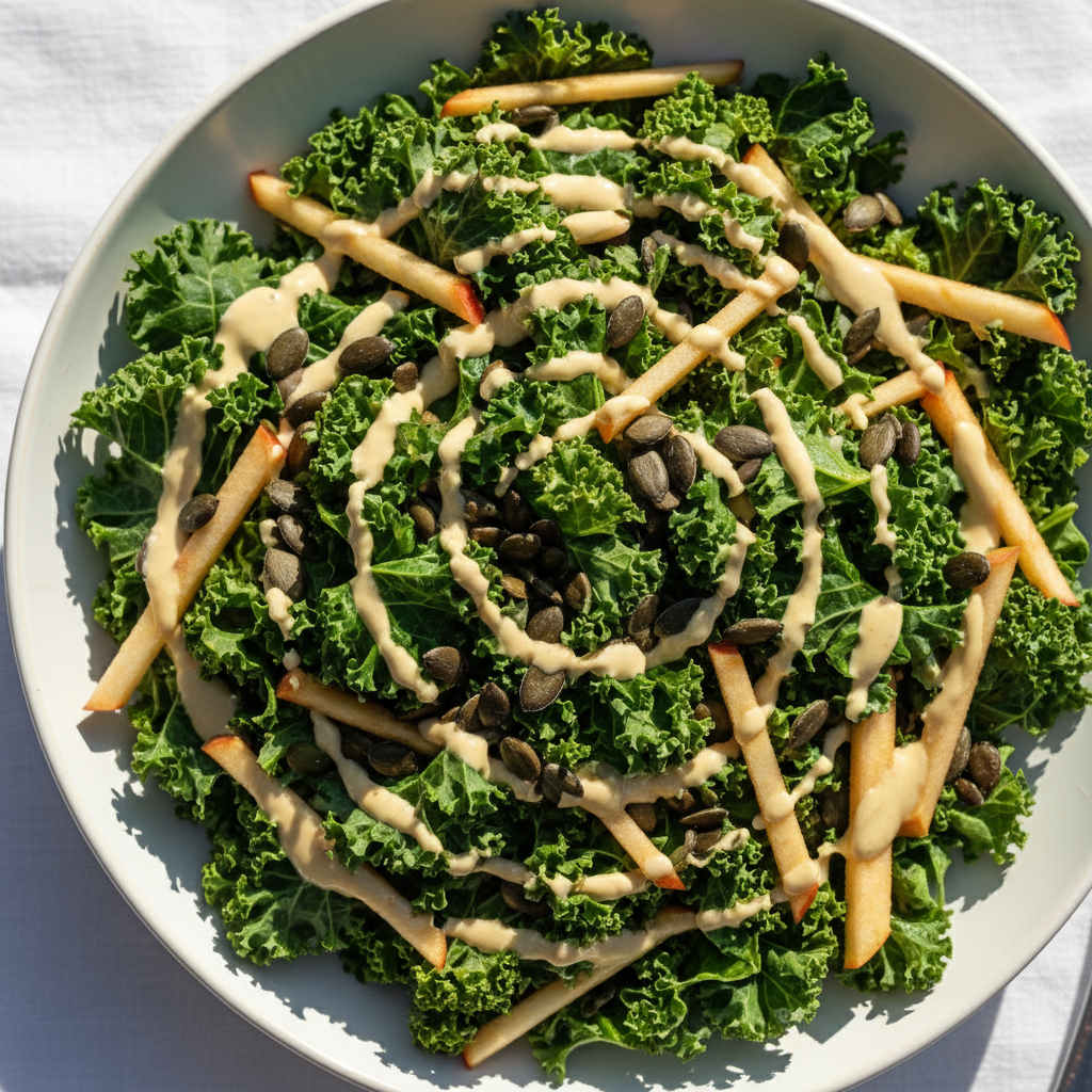 Salade kale & pomme graines de courge tahini citron