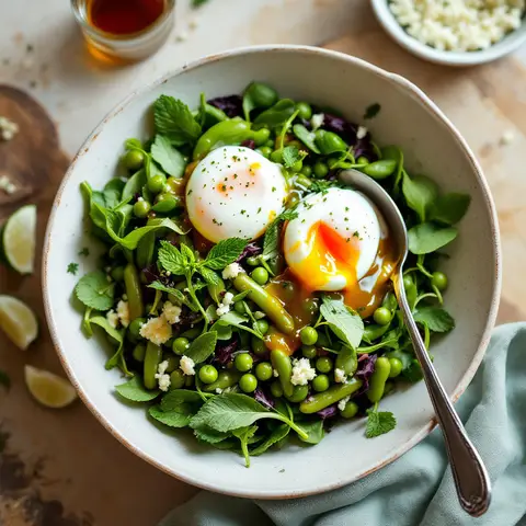Salade de Fèves et Petits Pois à la Menthe et Œufs Pochés
