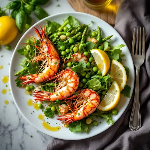 Salade de langoustines rôties, asperges et petits pois