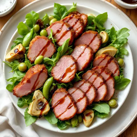 Salade de magret de canard aux fèves et artichauts