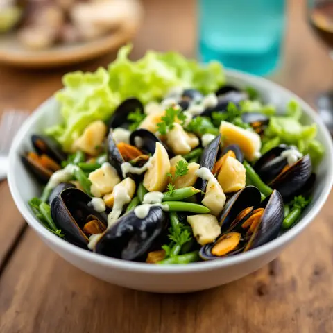 Salade de moules marinières, haricots verts et artichauts