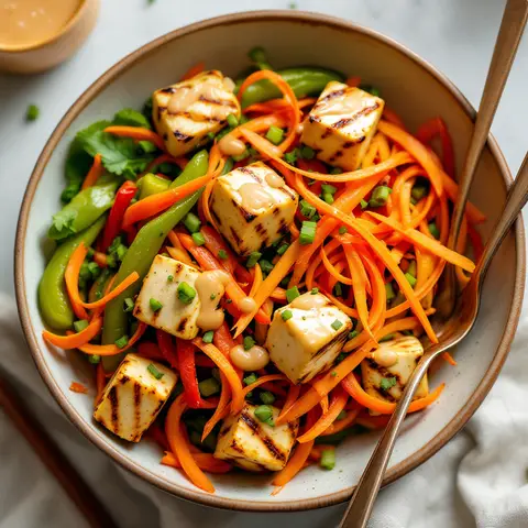 Salade de Poivrons Grillés et Tofu Soyeux Sauce Cacahuète