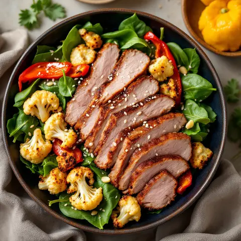 Salade de porc mariné à la coréenne et chou-fleur rôti