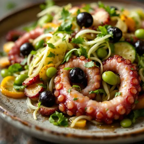 Salade de poulpe à la grecque, fèves et fenouil