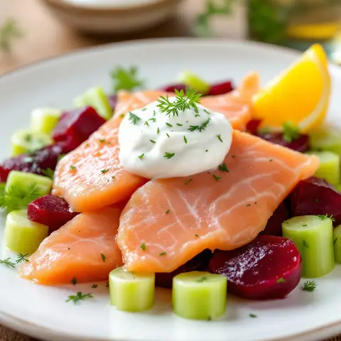 Salade de Truite, Betterave et Cébette