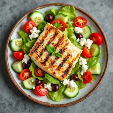 Salade Grecque au Cabillaud Grillé