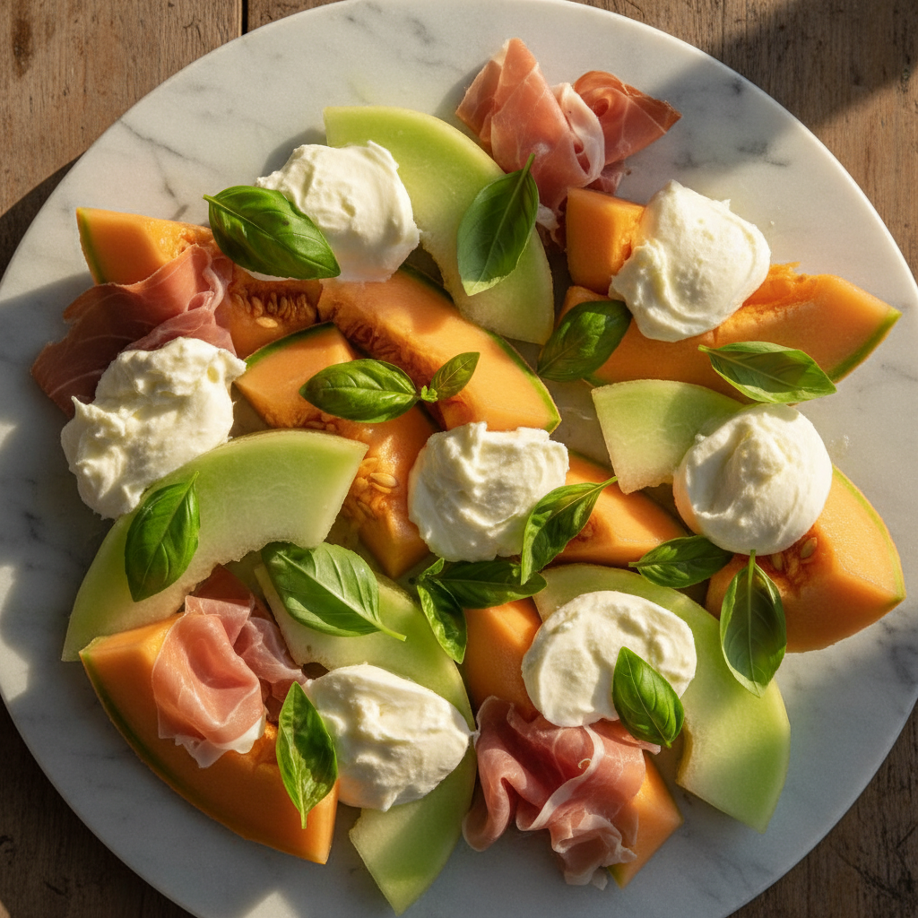 Salade melon & jambon de Parme mozzarella basilic