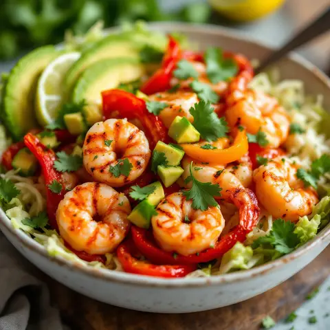Salade mexicaine de gambas, avocat et poivrons