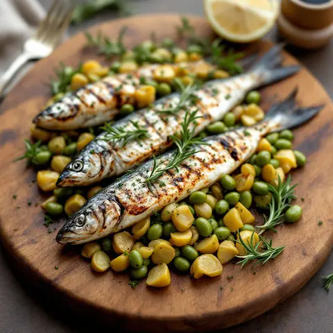 Sardines grillées aux fèves et artichauts poêlés