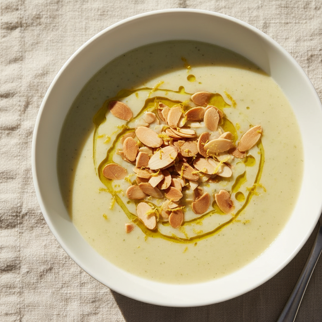 Soupe asperges blanches & amandes au citron