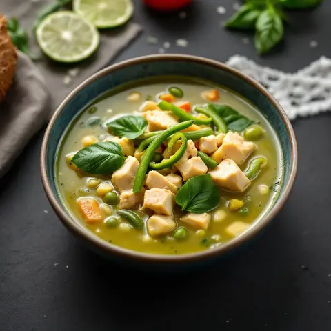 Soupe de poulet au curry vert et haricots verts