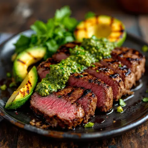 Steak de bœuf sauce chimichurri et avocat grillé