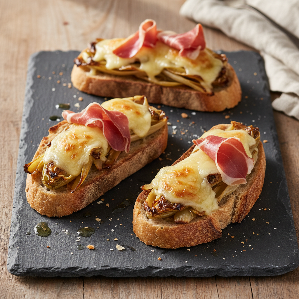 Tartine endive braisée & comté jambon cru miel