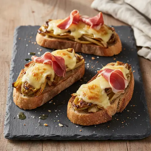 Tartine endive braisée & comté jambon cru miel