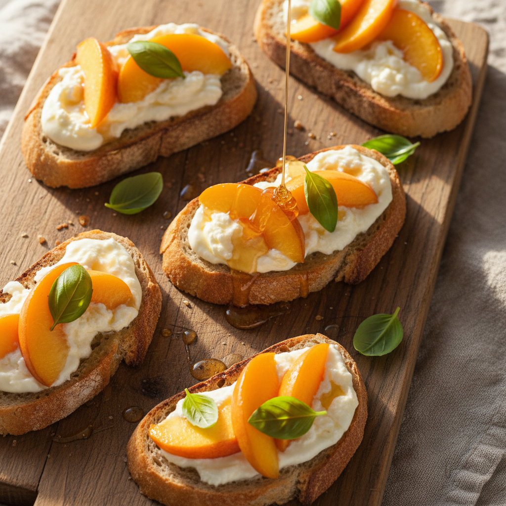 Toast burrata & pêche au basilic et miel