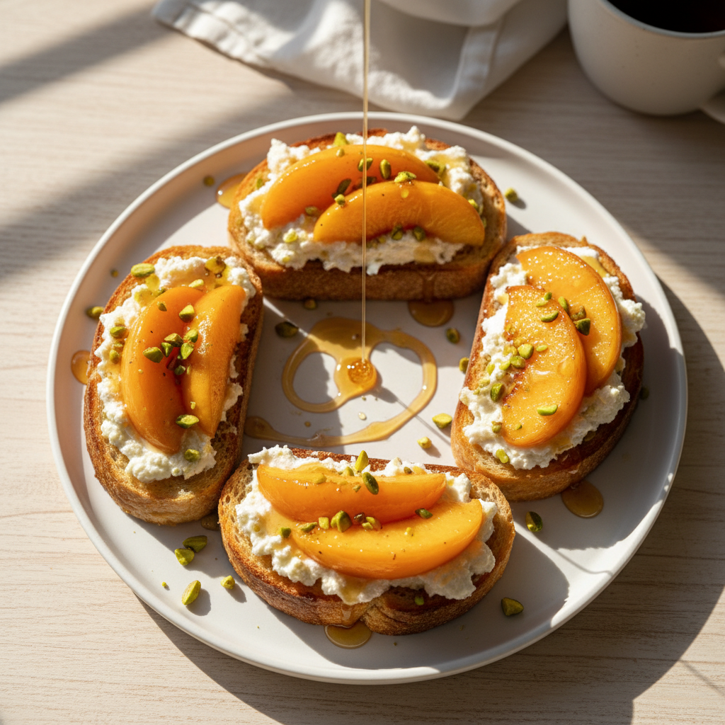 Toast ricotta & pêche rôtie pistaches miel