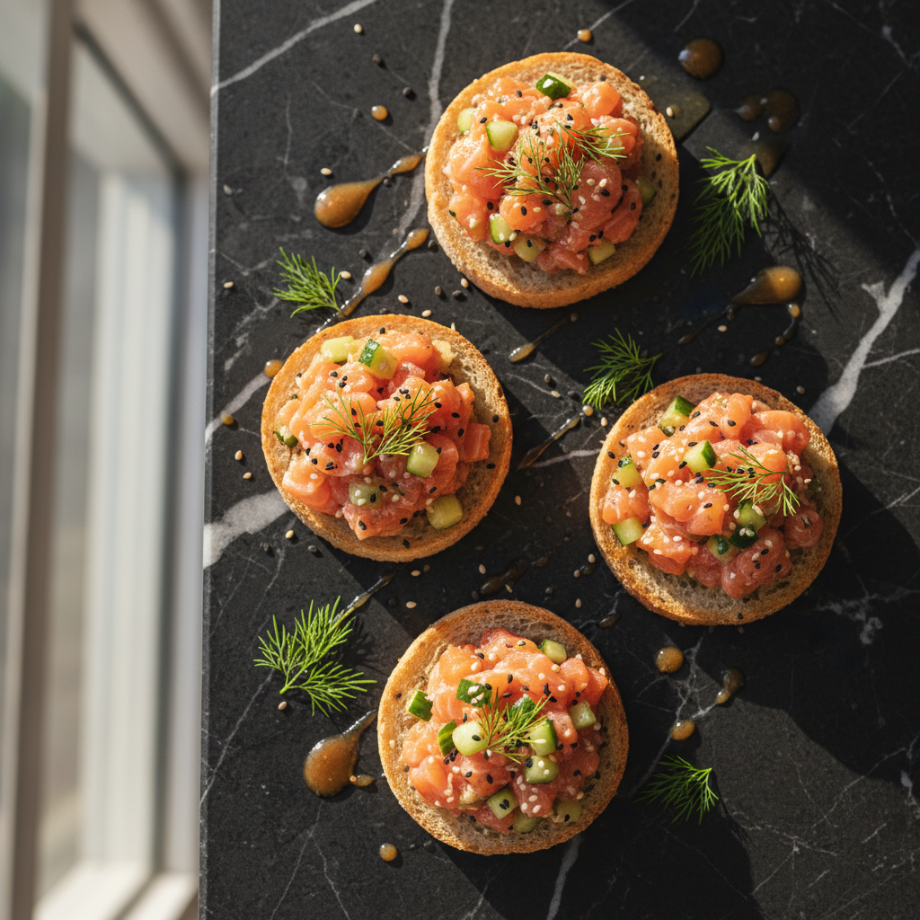 Toast tartare de saumon & concombre au ponzu