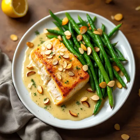 Truite au beurre de citron et haricots verts amandines