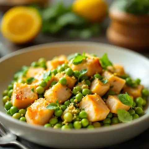 Truite au wok, petits pois et fèves, menthe et citron