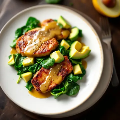 Veau sauté aux épinards et avocat, sauce citron-pavot