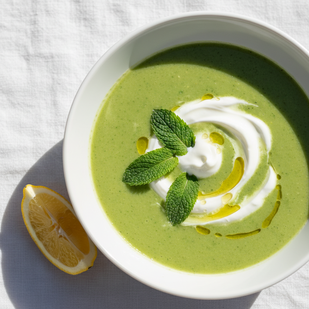 Velouté d'édamame & menthe au yaourt citron